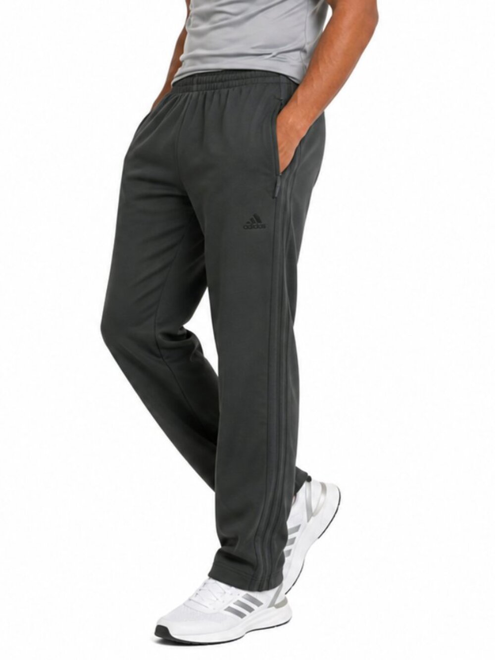 Adidas Mens Track Pants Large Charcoal Gray 3 Stripe Athletic Zip Pocket Workout